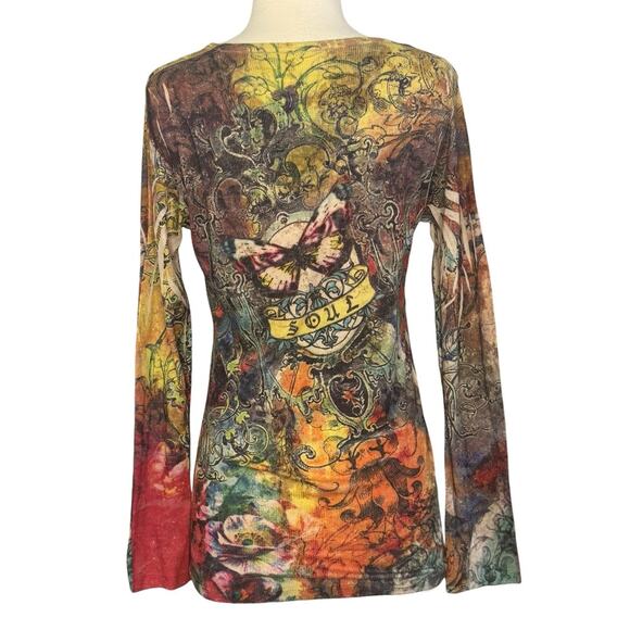 Y2K Tattoo Butterfly Soul Top Vibrant Multicolored Boho Grunge Ribbed Size M/L - Picture 7 of 8
